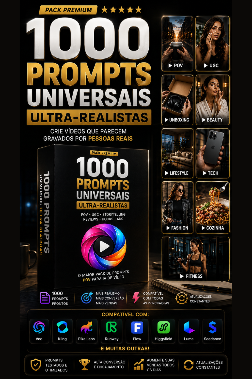 Pack premium 1000 Prompts Universais Ultra-Realistas para IA de vídeo