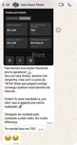 Print de depoimento de aluno 8 da Ciência do TikTok Shop